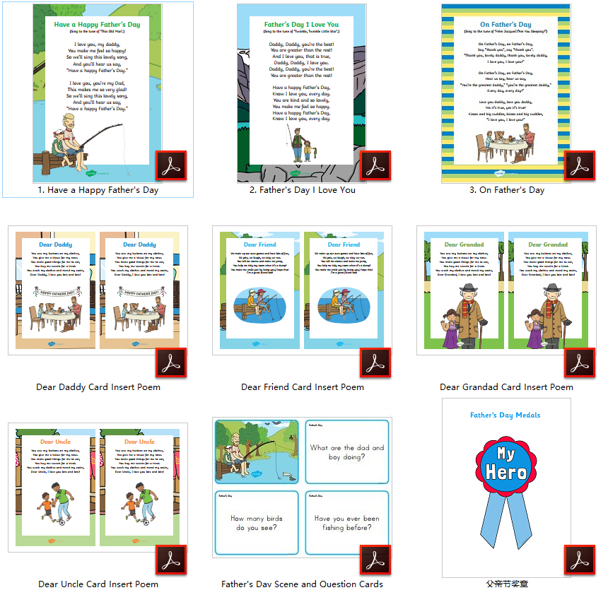《父亲节英文资源包》动画儿歌闪卡涂色手工练习册