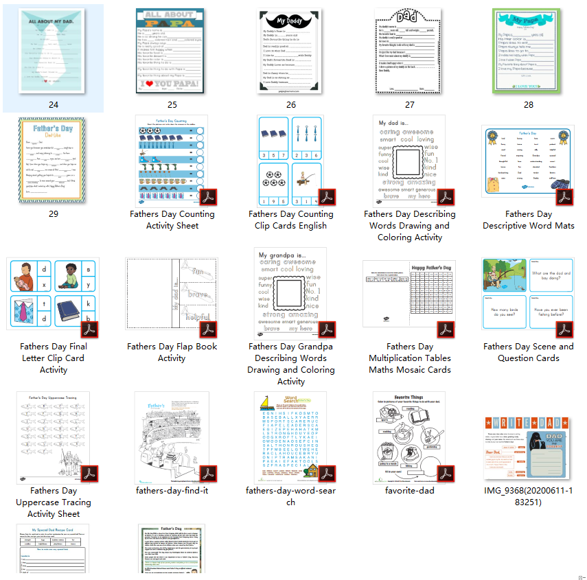 《父亲节英文资源包》动画儿歌闪卡涂色手工练习册