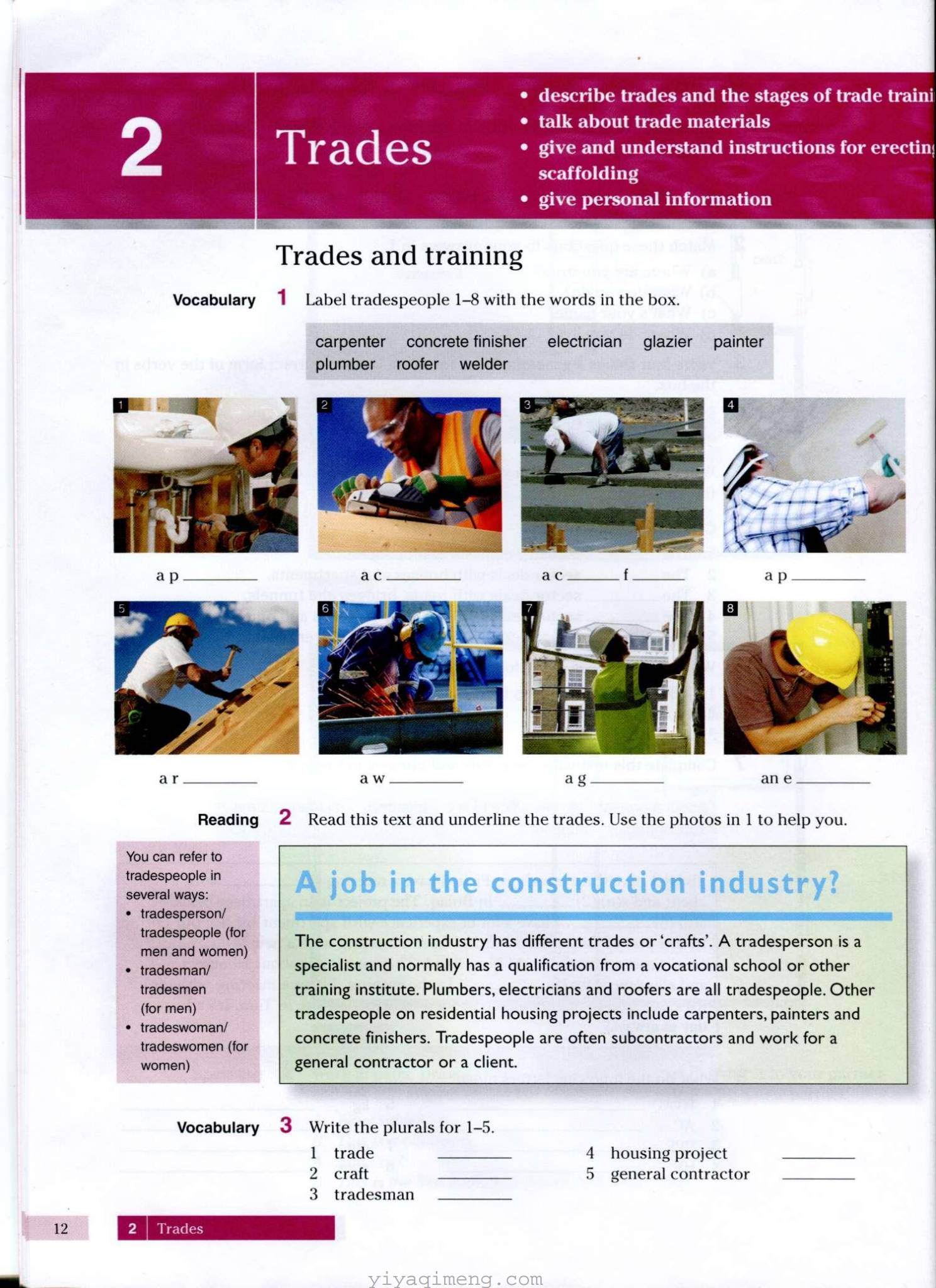 Pearson Longman English for Construction 建筑行业英语电子版资源下载 (PDF+MP3+DOC) 内容介绍